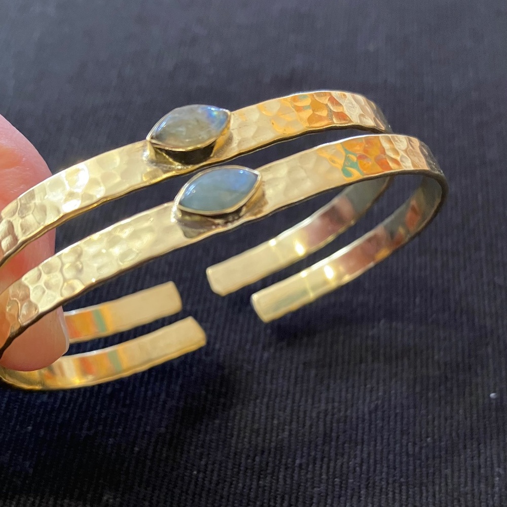 Hammered Brass Cuff Bracelet w/ Labradorite Gemstone Accent